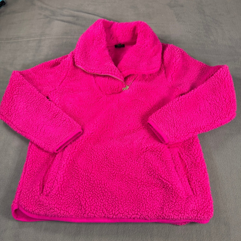 Talbots Petite Hot Pink Sherpa Teddy Fleece Quarter‎ Zip Pullover Sweater MP